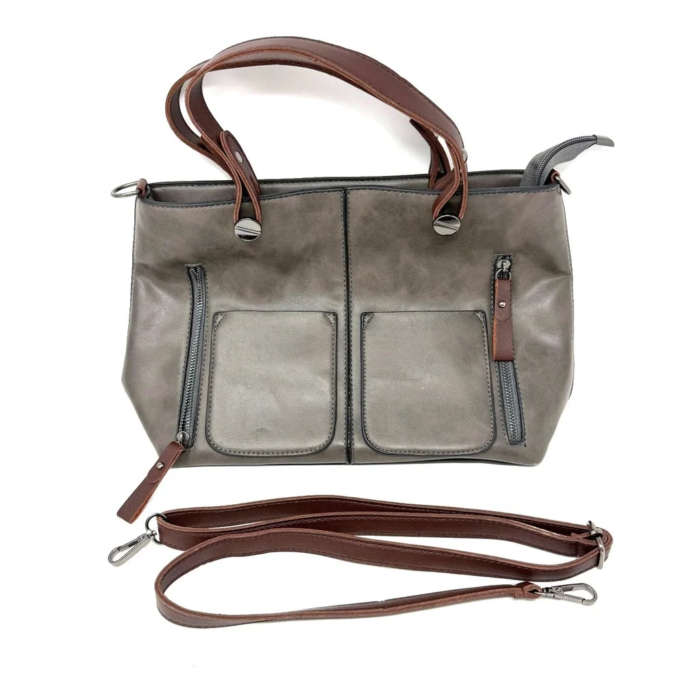 Gray Leather Tote Bag Brown Strap Large Zip‎ Pocket Shoulder Bag